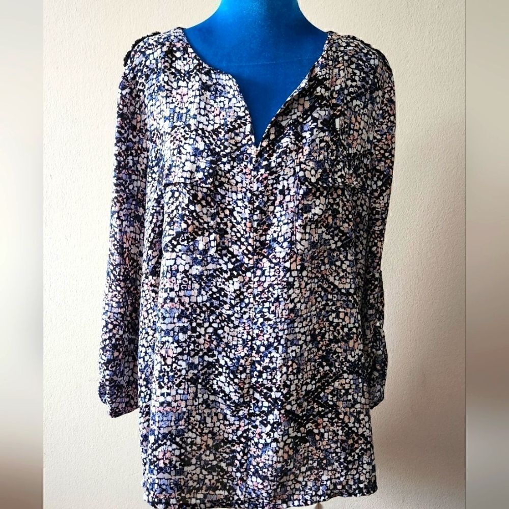 APT 9 BLOUSE BLUE PURPLE FLORAL BUTTON UP LONG SLEEVE SIZE XL